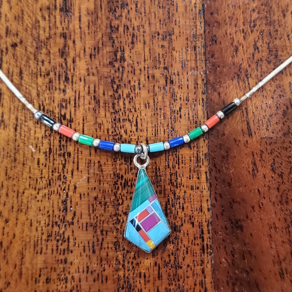 Colorful Native American multicolor stone inlay pendant. 